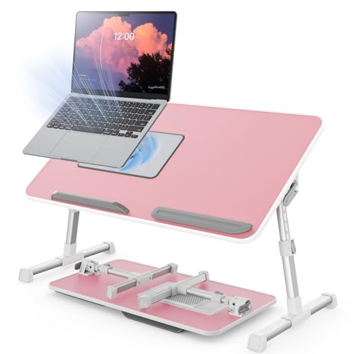 Laptop Desk for Bed with Cooling Fan, SAIJI Height & Angle Adjustable Laptop Stand for Bed, Lap Desk Tray Table, Lightweight Foldable Portable Computer Table - color: Pink