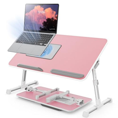 Laptop Desk for Bed with Cooling Fan, SAIJI Height & Angle Adjustable Laptop Stand for Bed, Lap Desk Tray Table, Lightweight Foldable Portable Computer Table - color: Pink