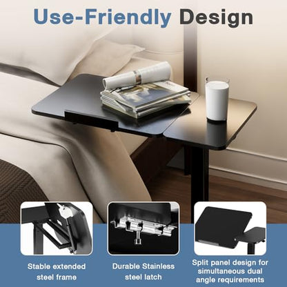 DUMOS Adjustable Bedside Overbed Table with Wheels, Black | Laptop Standing Desk with Tilting Top Height, Mobile Rolling Computer Cart for Hospital Home Bedroom Use - color: Black, size: 27.5" x 15.7" x 43.3"