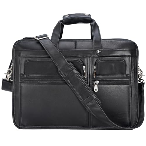 Polare Modern Messenger Bag with Retro Feel 17" Men’s Laptop Briefcase with Full Grain Leather and Premium YKK Zippers - color: Black(fit 15.6" Laptop)