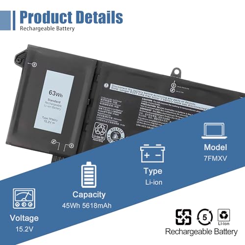7FMXV 63Wh Laptop Battery Replacement for Dell Latitude 7320 5320 7420 7520 Series TN2GY 9JM71 727CG CN-0727CG 15.2V 3941mAh - size: 10.44*3.68*0.25 inch 7FMXV