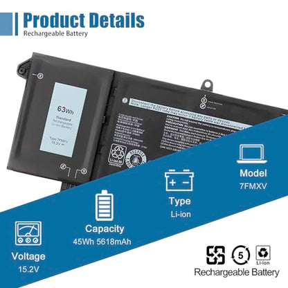 7FMXV 63Wh Laptop Battery Replacement for Dell Latitude 7320 5320 7420 7520 Series TN2GY 9JM71 727CG CN-0727CG 15.2V 3941mAh - size: 10.44*3.68*0.25 inch 7FMXV