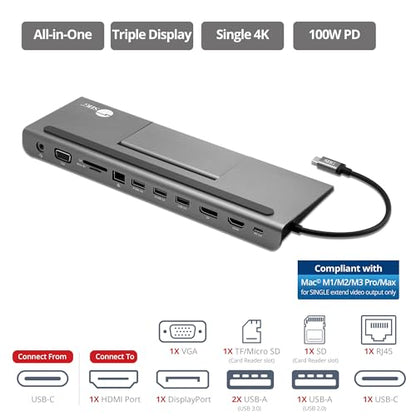 SIIG USB-C MST Triple Monitor Dock, 4K, 100W PD, JU-DK0E11-S1 | Drive one 4K, two 1080p or three 720p displays on Windows; 100W PD, Ethernet, USB and card readers consolidate a desk.