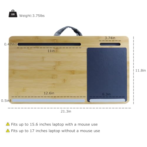 Lap Desk for Laptop with Cushion, Bamboo Laptop Stand with Anti-Slip Strip Tablet Phone Holder and Mouse Pad Fits up to 17 inch Portable Computer Lap Desk for Couch, Bed & Car - size: Large