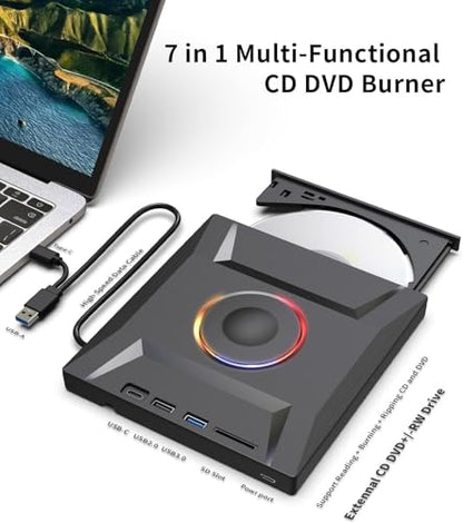 7 in 1 External CD DVD Drive, USB 3.0 and Type-C Disc Reader Writer Burner Player,Slim and Portable CD DVD +/-RW Optical Drive for PC Laptop Desktop MacBook Mac Windows Linux OS Apple - style: 7 in 1