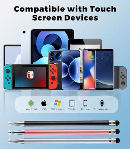 Kenkor Stylus(3pcs),2-in-1 Stylus Pen for Touch Screen, Stylus Pen for iPad | No Charging,Compatible with Apple(iPhone/iPad)/Nintendo Switch/Samsung/Google/Microsoft/Android Tablets Touch Screens Devices - color: Black+Pink+Silver