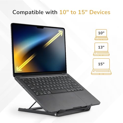 Mount-It! Laptop Stand for Desk, Adjustable Height Steel Laptop Riser for 10–15 Inch Laptops & Tablets, Foldable Portable Laptop Stand with Ventilated Cooling Design, Ergonomic Computer Stand, Black