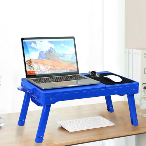 Foldable Laptop Desk, Adjustable Portable Laptop Stand for Bed Couch, Small Bed Table for Laptops and Writing, Bed Tray Table with Cup Holder, Cooling Fan, LED Light (Blue) - color: Blue