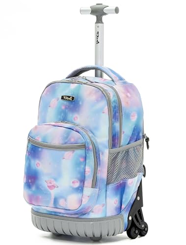 NEW TILAMI 18-Inch Rolling Backpack 6-Wheel for Kids School Travel | 6-Wheel Stair-Climbing Girls Boys Carry-on Suitcase Water-Resistant Adjustable Trolley Handle Wheels School Travel Camping - color: Purple Star