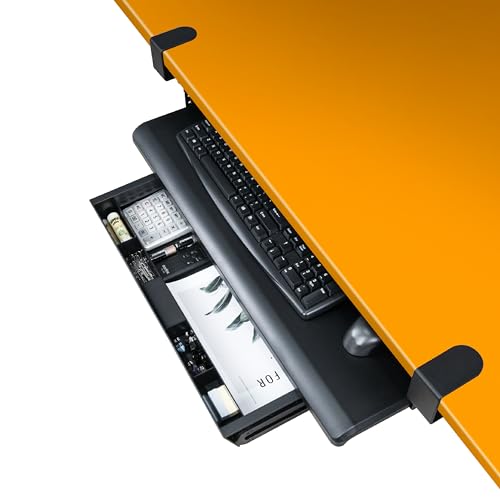 EHO Keyboard Tray with Drawer - Clamp On Under Desk Pull Out Extender Table Attachment Platform with Storage Organizer, Large 27.5" (31.8" Including Clamps) x 12.2", Height Adjustable for Home Office - size: 27.5 inch, style: keyboard tray platform with d