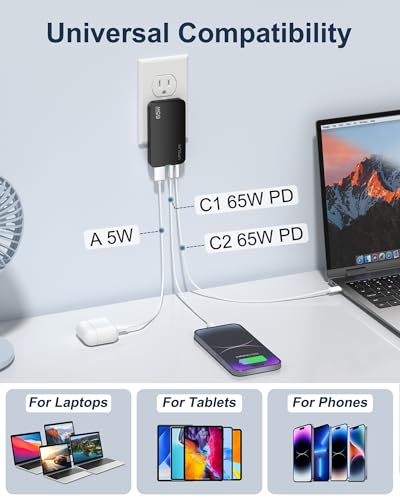 65W GaN USB C Wall Charger Block,3 Port Ultra Thin Flat USB-C Charging Plug,Foldable USB Power Adapter for MacBook,iPhone 15/16,Samsung (Black) - color: Black