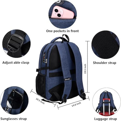SHRRADOO Travel Laptop Backpack for Men Women, 17 Inch College Computer Bag | Anti Theft Backpack with Combination Lock, Carry On Flight Approved, Fit 17 Inch Laptop, Computer College Bag, Work Daypack - color: Royal Blue
