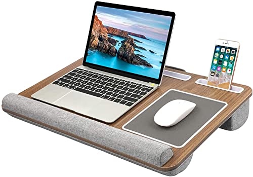 HUANUO Lap Desk - Fits up to 17 inches Laptop Desk, Built in Mouse Pad & Wrist Pad for Notebook, Laptop, Tablet, Lap Stand with Tablet, Pen & Phone Holder, Brown Woodgrain - color: Brown Woodgrain