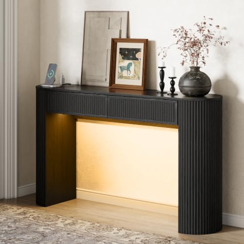 55" Fluted Console Table with 2 Drawers & LED Lights,Entryway Tables with Charging Station,Narrow Sofa Table Behind Couch,Mid-Century Modern Foyer Table for Entryway, Hallway, Living Room(Black) - color: Black