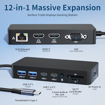 Surface Thunderbolt 4 Docking Station, 12-in-1 Surface Pro Dock with Dual 4K@60Hz HDMI & VGA, Triple Monitor Display Adapter for Microsoft Surface Pro 12/11/10/9/8/7/X, Laptop 7/6/5, Go, Book