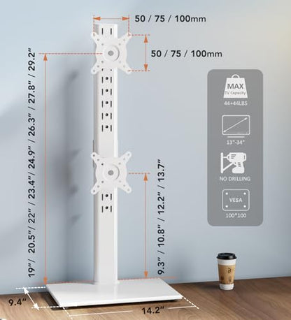 Dual Monitor Stand - Vertical Stack Screen Free-Standing Monitor Riser Fits Two 13 to 34 Inch Screen with Swivel, Tilt, Height Adjustable, Holds One (1) Screen up to 44Lbs HT05W-002 White - color: White