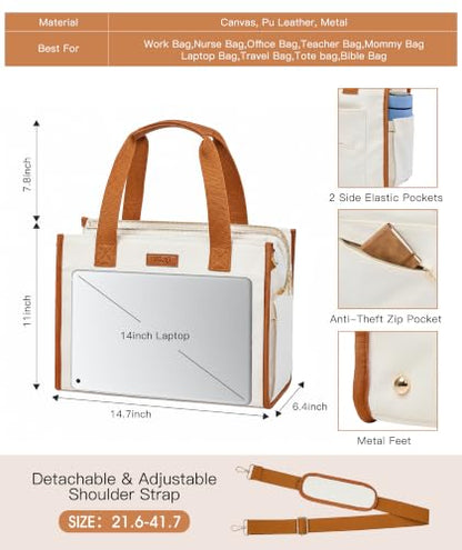MeZQ Canvas Tote Bag for Women,14-Pockets Work Laptop Tote Large Office Crossbody | Teacher Nurse College with Strap & Zipper - color: Brown