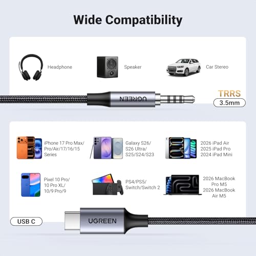 UGREEN USB C to Aux 3.5mm Car Audio Cable TRRS Male Headphone Cord 3.3FT | HiFi DAC 96KHz/24bit, Mic & In-Line Control, TRRS, Compatible with iPhone 17 16 Pro Max Galaxy S26 Pixel 10, for Car Speaker - size: 3.3FT