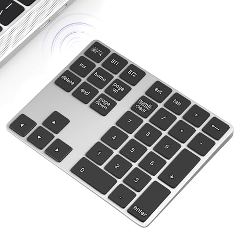 Foloda Bluetooth Number Keypad, Wireless 10 Keys Number Pad for Laptop, 34 Keys Rechargeable Numeric Numpad Key Pad Extensions Keyboard for Chromebook Notebook MacBook - color: Silver Grey