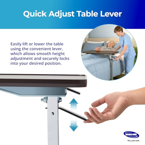 Invacare Bed Table, Height Adjustable & Tilting Overbed Table, Hospital Bedside Table, Medical Rolling Desk with Wheels, Waterproof Medical and Home Use L-Shaped Steel Base Over Bed Tray Table - style: Tilting Overbed Table