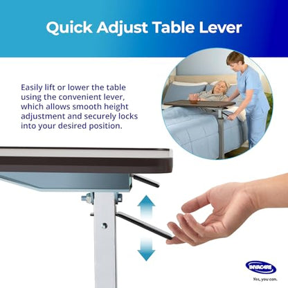 Invacare Bed Table, Height Adjustable & Tilting Overbed Table, Hospital Bedside Table, Medical Rolling Desk with Wheels, Waterproof Medical and Home Use L-Shaped Steel Base Over Bed Tray Table - style: Tilting Overbed Table