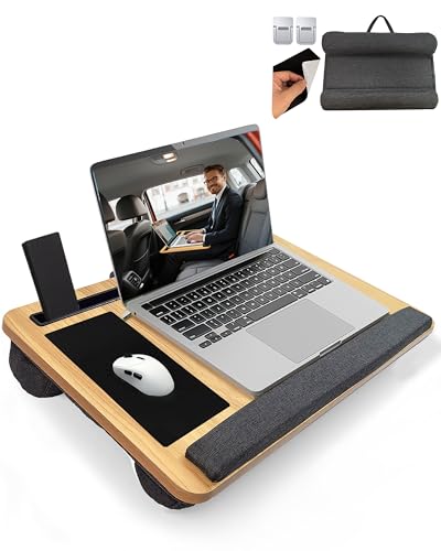 Lap Desk - Laptop Tray for Bed, Lapdesk with Cushion for Couch Sofa Fits up to 17.3” Laptop, Lap Table with Portable Handle,Self-Adhesive Mousepad with Foldable Metal Device Stand(Light Brown)