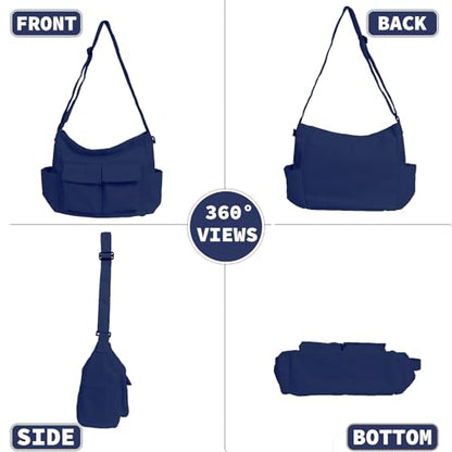 Canvas Messenger Bag Large Hobo Crossbody Bag with Multiple Pockets Casual Shoulder Tote Bag for Women and Men - color: Navy