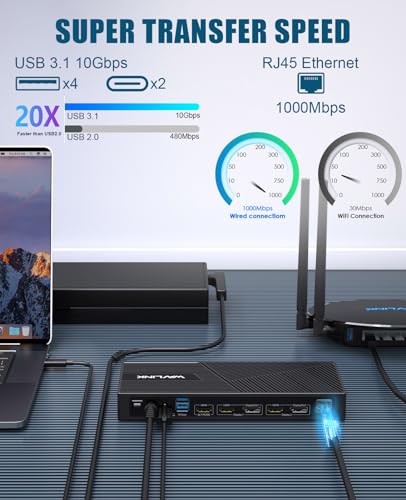 WAVLINK USB-C Triple Monitor Docking Station, 3 * 4K@60Hz for MacBook M1-M5/Neo & Windows – 100W PD, 3×HDMI/2×DisplayPort, 6x10Gbps USB Ports, Gigabit Ethernet, Ideal for Workstation & Home Offic