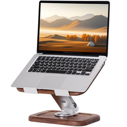 Walnut-Wooden Laptop Stand for Desk, Adjustable Height & Angle with 360° Aluminum Alloy Swivel Base, Wood Laptop Stand Compatible with MacBook Pro, All Laptops 10-17", Brown