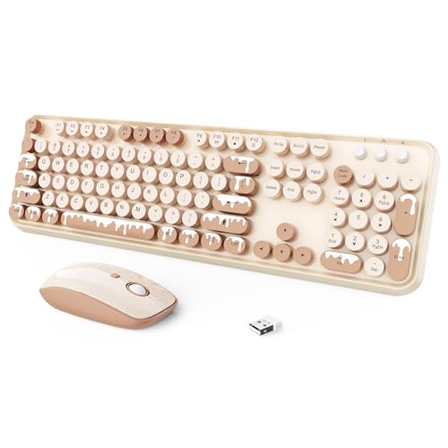 Wireless Keyboard and Mouse Combo, 2.4 GHz Wireless Full-Sized Typewriter Keyboard with Round Keycaps for Windows, Computer, Desktop, PC, Laptop (Ice Cream) - color: Ice Cream