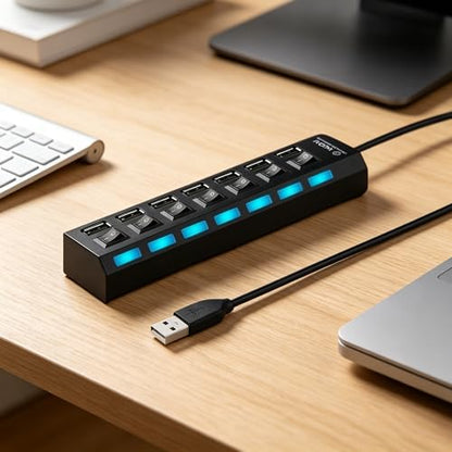 1 PCS 7 Port USB 2.0 Hub Multi Charger Adapter, High Speed USB Extender with Individual On Off Switches, Compact USB Splitter for Laptop and PC