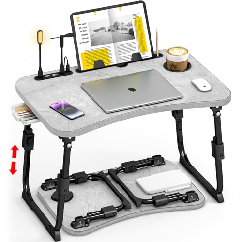 Lap Desk for Bed Adjustable Height, Foldable Bed Table with Storage Drawer, Tablet Slot & Cup Holder, Portable Laptop Stand for Bed & Sofa, Bed Desk for Adults & Kids, Light Stone Color - color: Light Stone