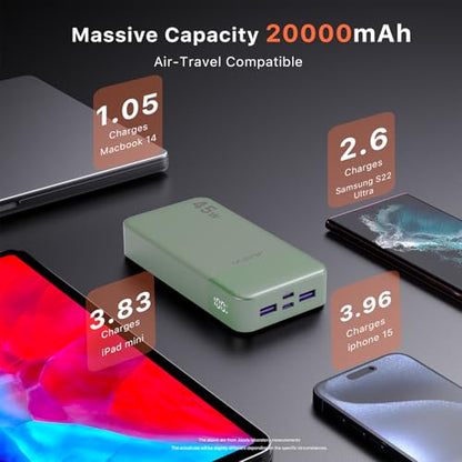 JUOVI Power Bank, 20000mAh 45W Portable Charger, PD3.0 QC4.0 Fast Charging with LED Display, 2 USB-C, 2 USB-A, Battery Pack for iPhone 15 14 13 Series, MacBook, Galaxy, iPad, and More (Green) - color: Green