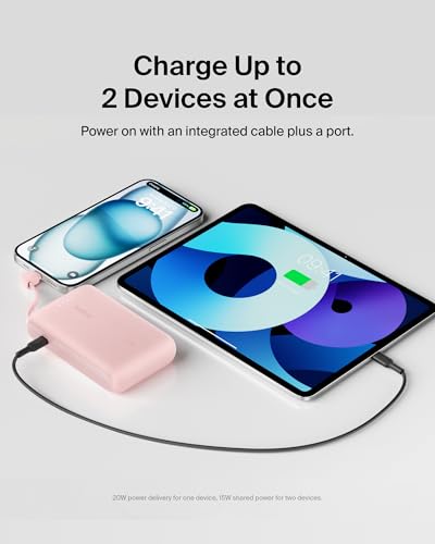 Belkin 10000mAh 20W USB C Power Bank, Portable Charger for iPhone & iPad | Fast Charging, Integrated USB C Cable, Eatra USB C Port, iPhone 17, iPad, Samsung Galaxy S26, Charge 2 Devices - color: Pink, style: 10K mAh