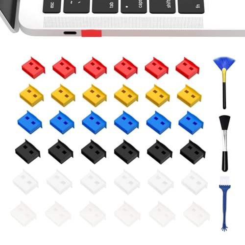 36PCS 6 Colors USB Type A Port Dust Cover Plugs,Comes with Three Multi-Function Cleaning Brushes,USB Port Standard-A Female Anti Dust Cover Plugs Protector Stopper Cap for Desktop PC Laptop