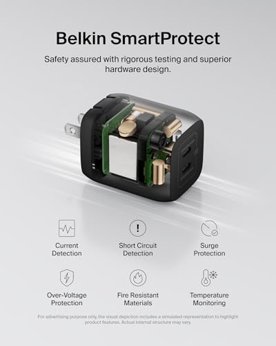 Belkin 65W Dual GaN USB C Charger Block, Fast Charging for Travel | PD 3.0 Fast Charging, Samsung Galaxy S26, iPhone 17, Air, Pro, Pro Max, iPad, MacBook, AirPods - style: 65W Black