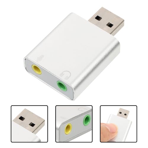 USB External Stereo Sound Card Adapter with Headphone and Microphone Jack Plug and Play USB Audio Converter for Laptop Desktop Silver Aluminum Alloy
