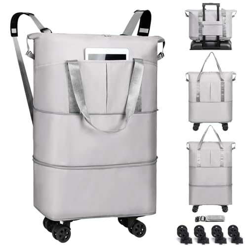 VOOWO Duffel Bag with Wheels - Rolling Foldable Expandable Duffle Bags with Wheel for Travel, Rolling Luggage Carry On Travel Bag, Large Wheeled Overnight Weekender Bag (Gray) - color: Gray