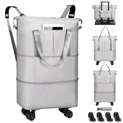 VOOWO Duffel Bag with Wheels - Rolling Foldable Expandable Duffle Bags with Wheel for Travel, Rolling Luggage Carry On Travel Bag, Large Wheeled Overnight Weekender Bag (Gray) - color: Gray