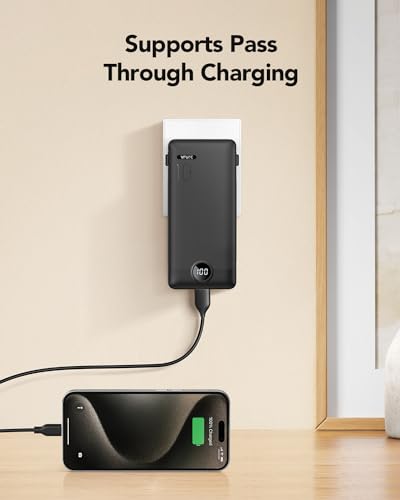 VRURC Portable Charger, Power Bank Built-in Cables and AC Wall Plug | USB C Portable Bank 10000mAh,Travel Essentials Phone Charger Compact External Battery Pack for Smart Phones,Tablets-Black - color: Black