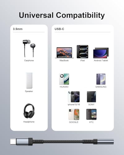 USB C to 3.5mm Audio Adapter 2Pack, Nylon Braided Aux Dongle Cord, Plug and Play, Compatible with iPhone 17/16/15 Pro Max, Samsung S25/S24/S23, iPad Pro, MacBook, Huawei, Xiaomi, for Car/Home/Office