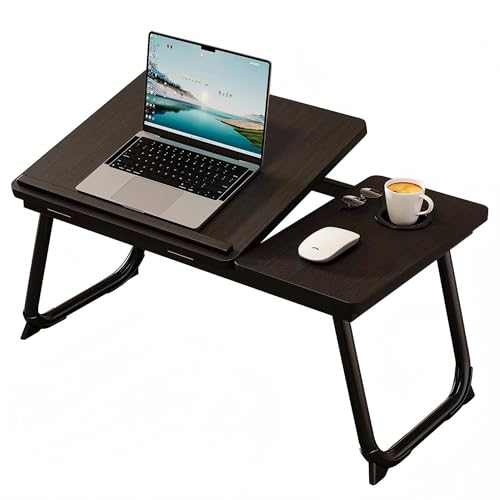 Foldable Laptop Desk for Bed, 21.6" Split Desktop Adjustable Lap Desk for Adults, 5 Tilt Angles Ergonomic Laptop Table with Cup Holder, No Assembly Portable Bed Desk for Couch, Office, Travel (Black) - color: Black