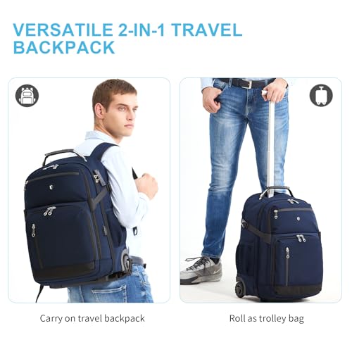 Backpack with wheels,rolling backpack with 2 Packing Cubes,compression bags for travel,Water-Resistant Carry-On Luggage,Business and Commuting (Blue) - color: Blue