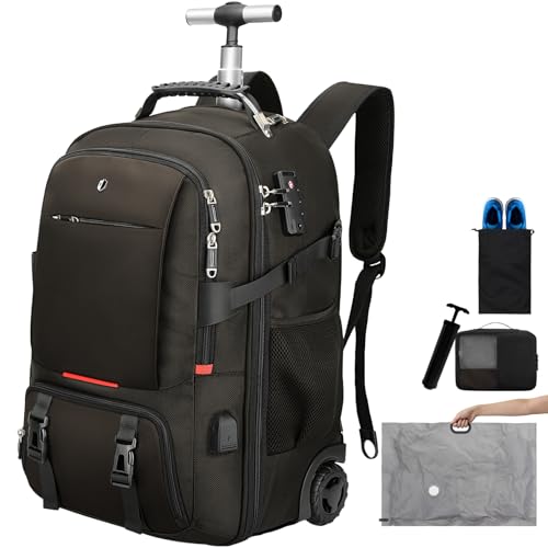 Backpack with wheels,rolling backpack with 2 Packing Cubes and compression bags,Laptop Compartment,Water Resistant Luggage suitcase,Air Travel,Weekend Trips (Brown) - color: Brown