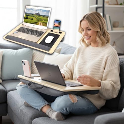 Japard Laptop Lap Desk with Mousepad, Cushion, Wide 21", Fits up to 15.6 inch, Portable Handle, Tablet Pen Phone Holder Wood Natural Home Office Gift