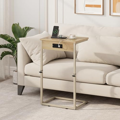 C Shaped End Table with Charging Station, Adjustable Height Side Table for Couch, Small Side Table, 33.2'' Tall Couch Tables that Slide Under, Tv Tray End Table for Living Room, Natural - color: Natural (1 Pack), style: With Plug