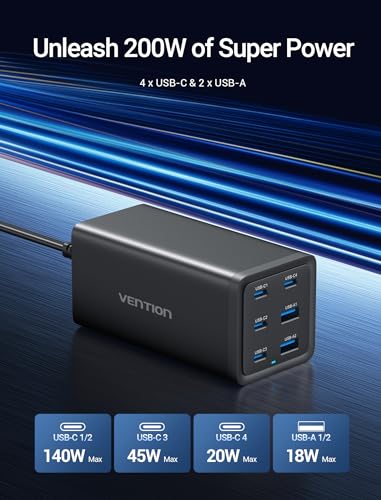 MacBook Pro Charger 200W, VENTION PD3.1 140W Fast USB C Charging Station, 6 Ports GaN Desktop Charger Compatible with MacBook Pro/Air M1 M2, iPhone 15 Pro Max/14, ipad Pro,Galaxy S23 Ultra,Steam Deck - size: 200W