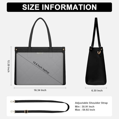 MOSISO Laptop Tote Bag for Women, 15.6 inch PU Leather Work Bag | Rhombus Quilted Tote Bag with Cup Holder & Clutch Purse, Large Capacity Teacher Computer Briefcase for Business Office, Black