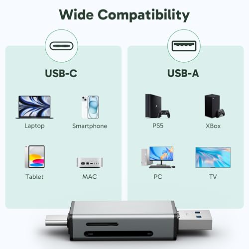 AKASO SD Card Reader - USB 3.0 Type C to Micro SD Card Adapter, Memory Card Reader for SD/Micro SD/SDHC/SDXC Card, Compatible with Smartphones, Laptops, Tablets, Personal Computer and Cameras