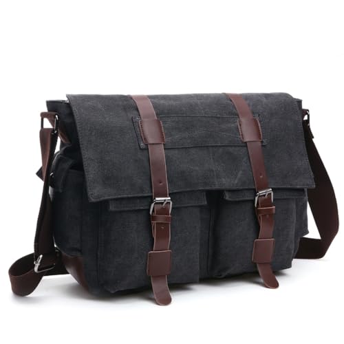 Vintage Canvas Messenger Bag, 15.6 Inch Laptop Crossbody Satchel with Multi-Pocket and Adjustable Shoulder Strap - color: Black